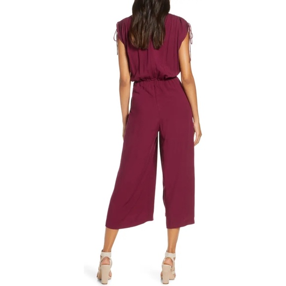 NWT Gal Meets Glam Luella Ruched Shoulder Crop Wide Leg Jumpsuit Oxblood Red - Picture 3 of 11